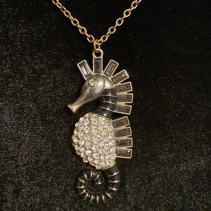 Vintage Seahorse Black Rhinestone Gold Tone Pendant Necklace